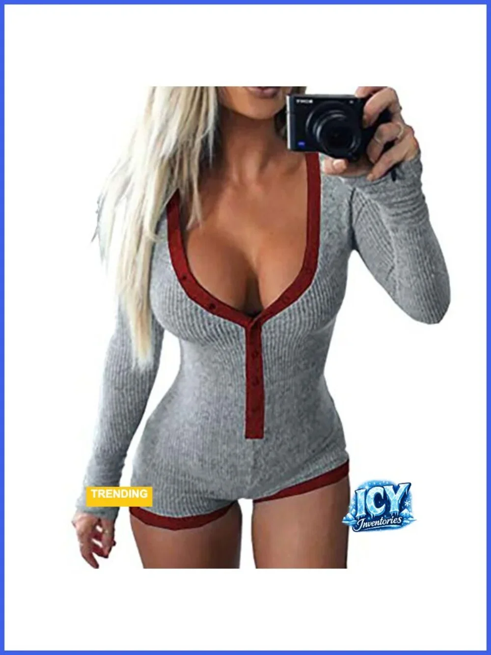 Women's Sexy Deep V Neck Long Sleeve Knitted One Piece Bodysuit Romper Jumpsuit